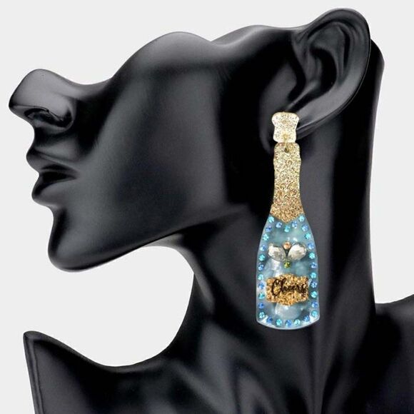 Champagne Bottle Rhinestone Blue Acetate Dangle Earrings - Picture 1 of 6